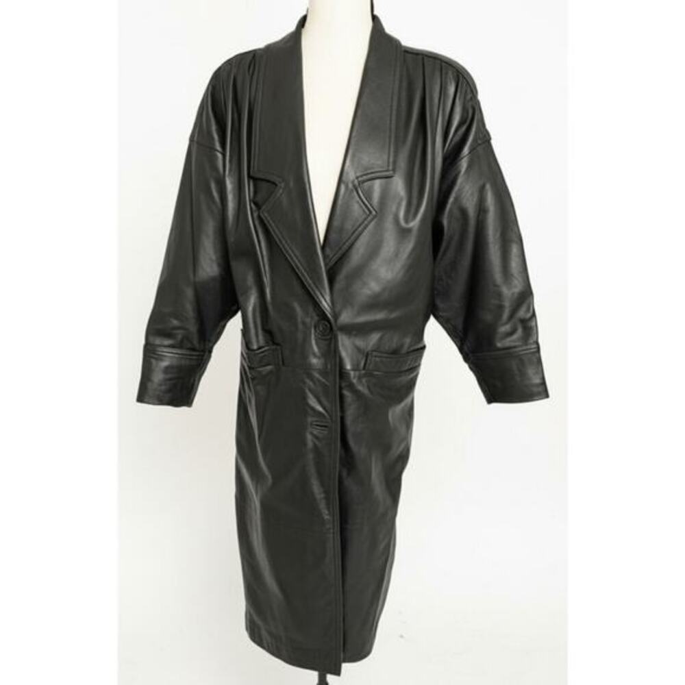 Vintage 90s Genuine Leather Long Coat‎ Black Minimalist Notched Lapel PM